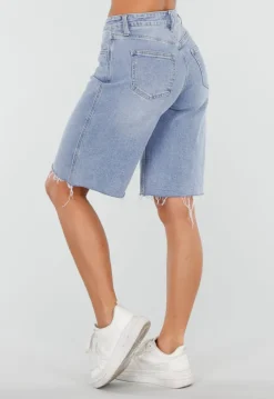 Lichtblauwe Denim Bermuda Short met Ruwe Zoom