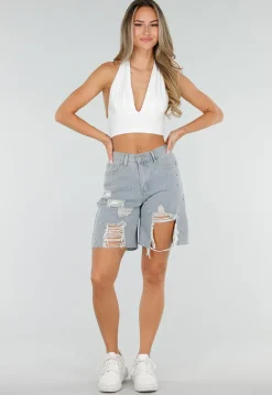 Lichtblauwe Denim Bermuda Shorts met Strass en Destroyed Details Voor Dames