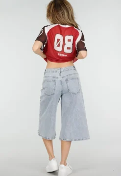 Lichtblauwe Denim Bermuda Shorts met Studs en Rechte Pijpen