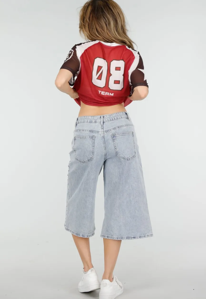Lichtblauwe Denim Bermuda Shorts met Studs en Rechte Pijpen