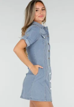Lichtblauwe Denim Blousejurk met Korte Mouwen en Knoopsluiting