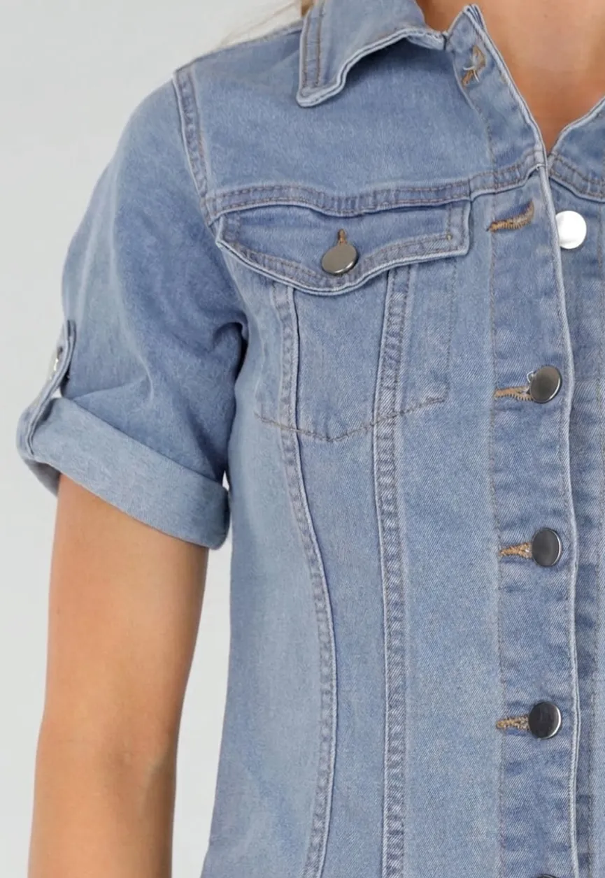 Lichtblauwe Denim Blousejurk met Korte Mouwen en Knoopsluiting