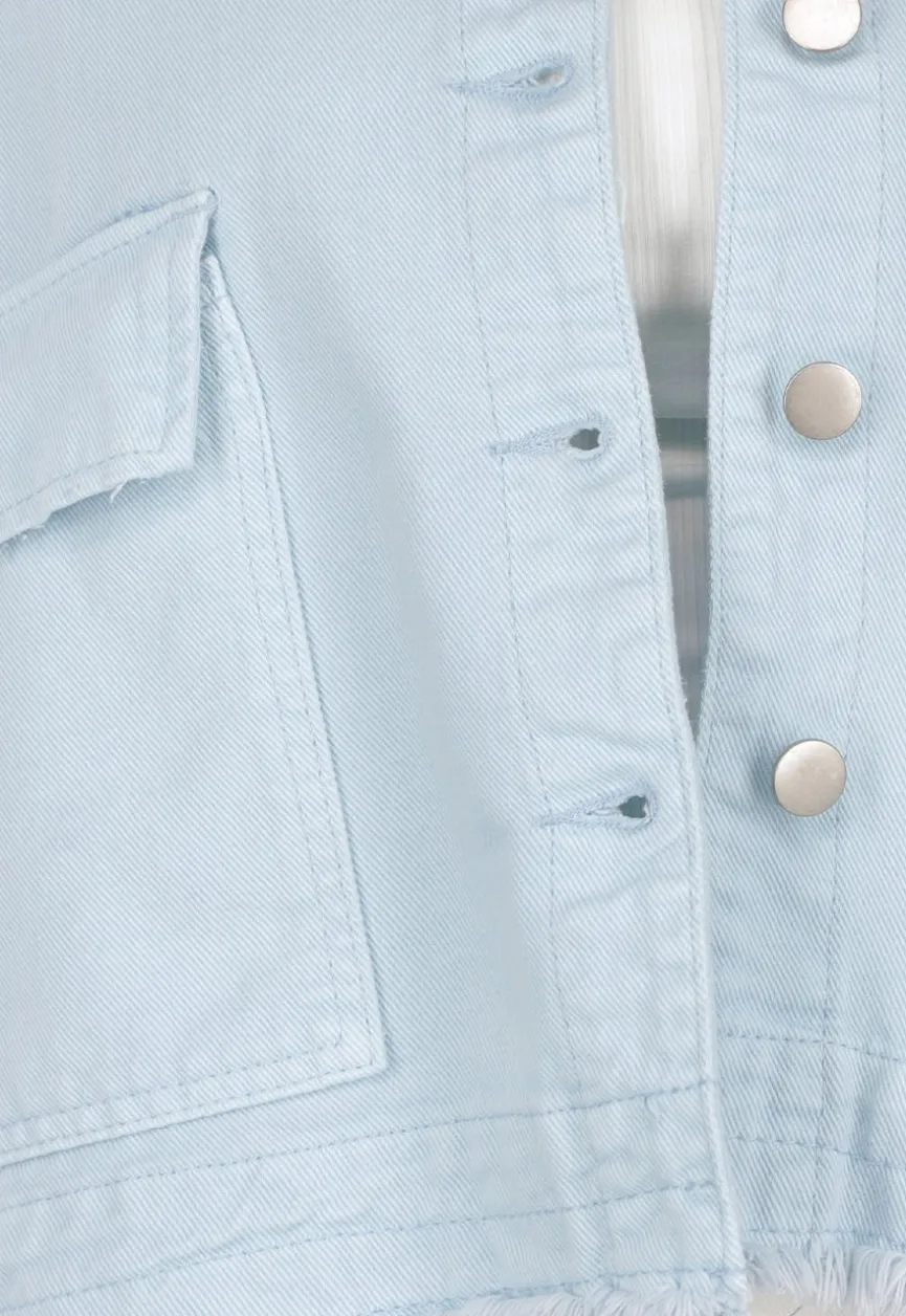 Lichtblauwe Denim Jas met Klepzakken, Trekkoord en Knoopsluiting