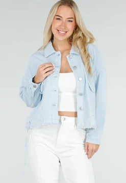 Lichtblauwe Denim Jas met Klepzakken, Trekkoord en Knoopsluiting