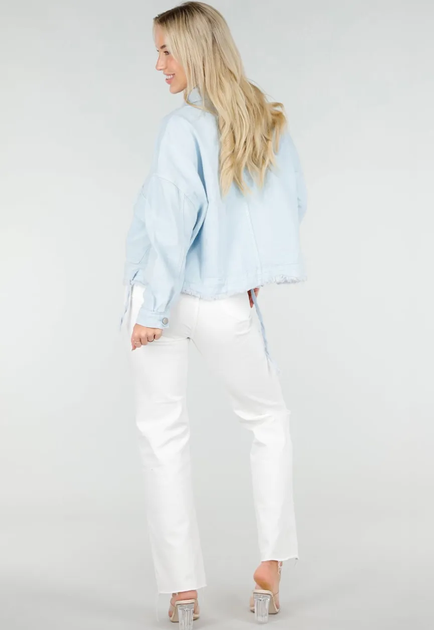 Lichtblauwe Denim Jas met Klepzakken, Trekkoord en Knoopsluiting