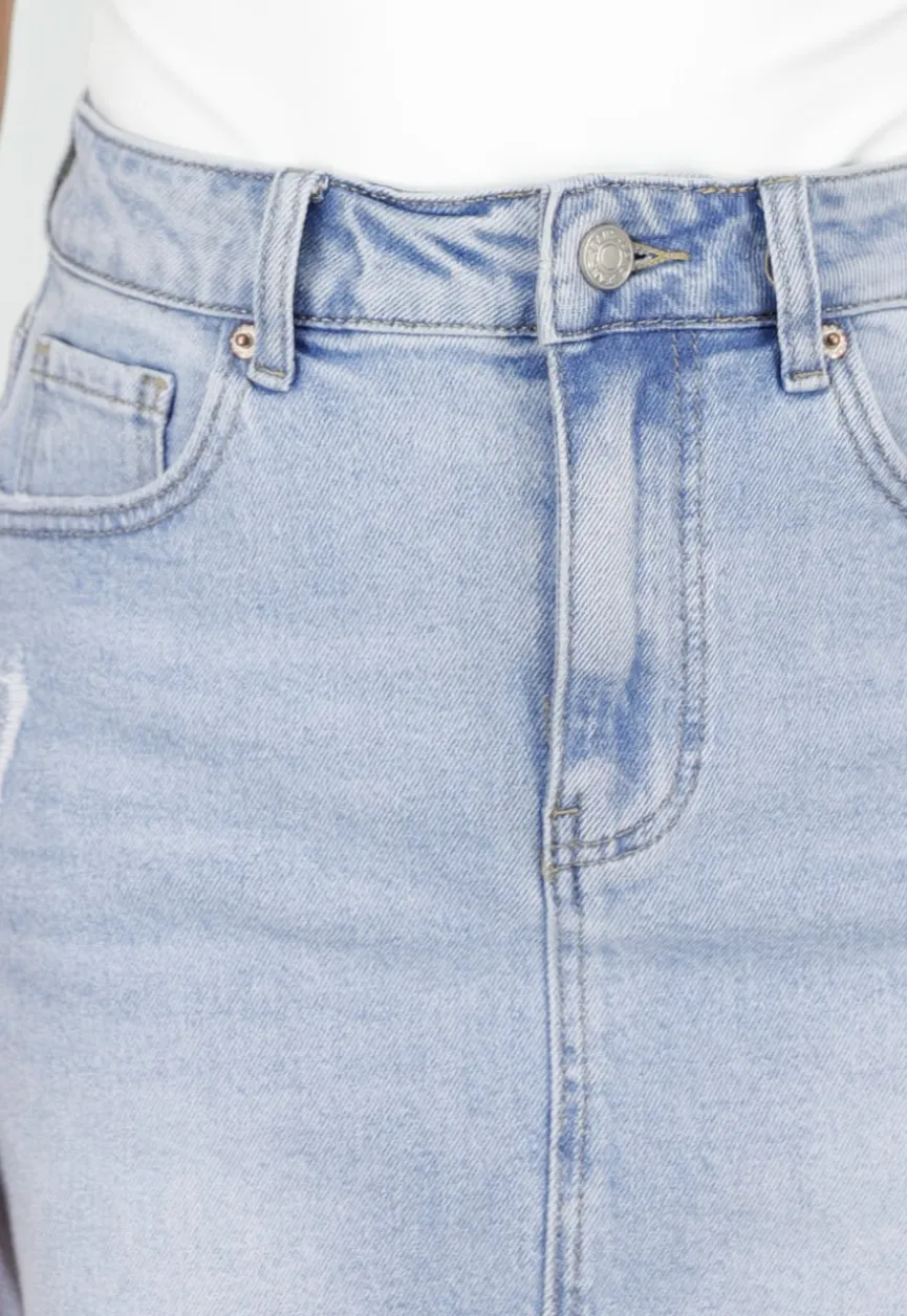 Lichtblauwe Denim Mini Rok met Ruwe Afwerking