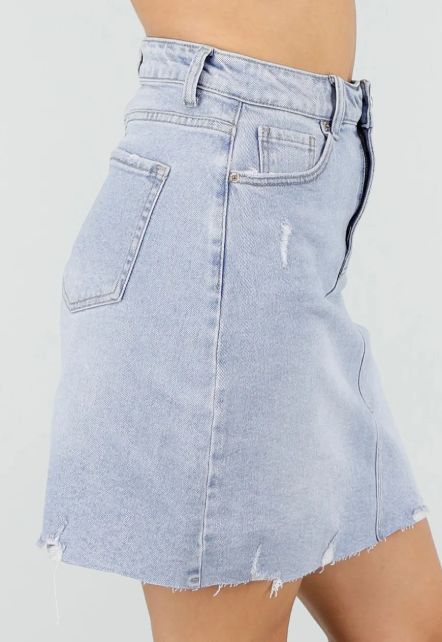 Lichtblauwe Denim Mini Rok met Ruwe Afwerking
