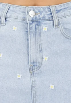 Lichtblauwe Denim Mini Rok met Geborduurde Bloemetjes
