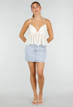 Lichtblauwe Denim Mini Rok met Geborduurde Bloemetjes