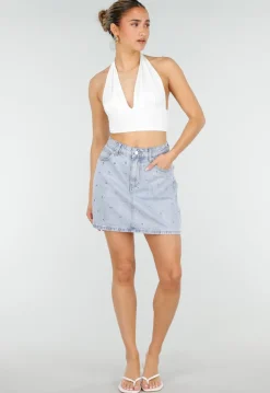 Lichtblauwe Denim Mini Rok met Studs en High Waist