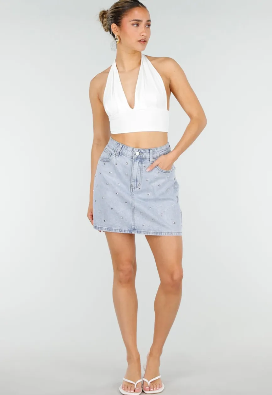 Lichtblauwe Denim Mini Rok met Studs en High Waist