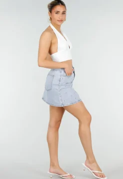 Lichtblauwe Denim Mini Rok met Studs en High Waist