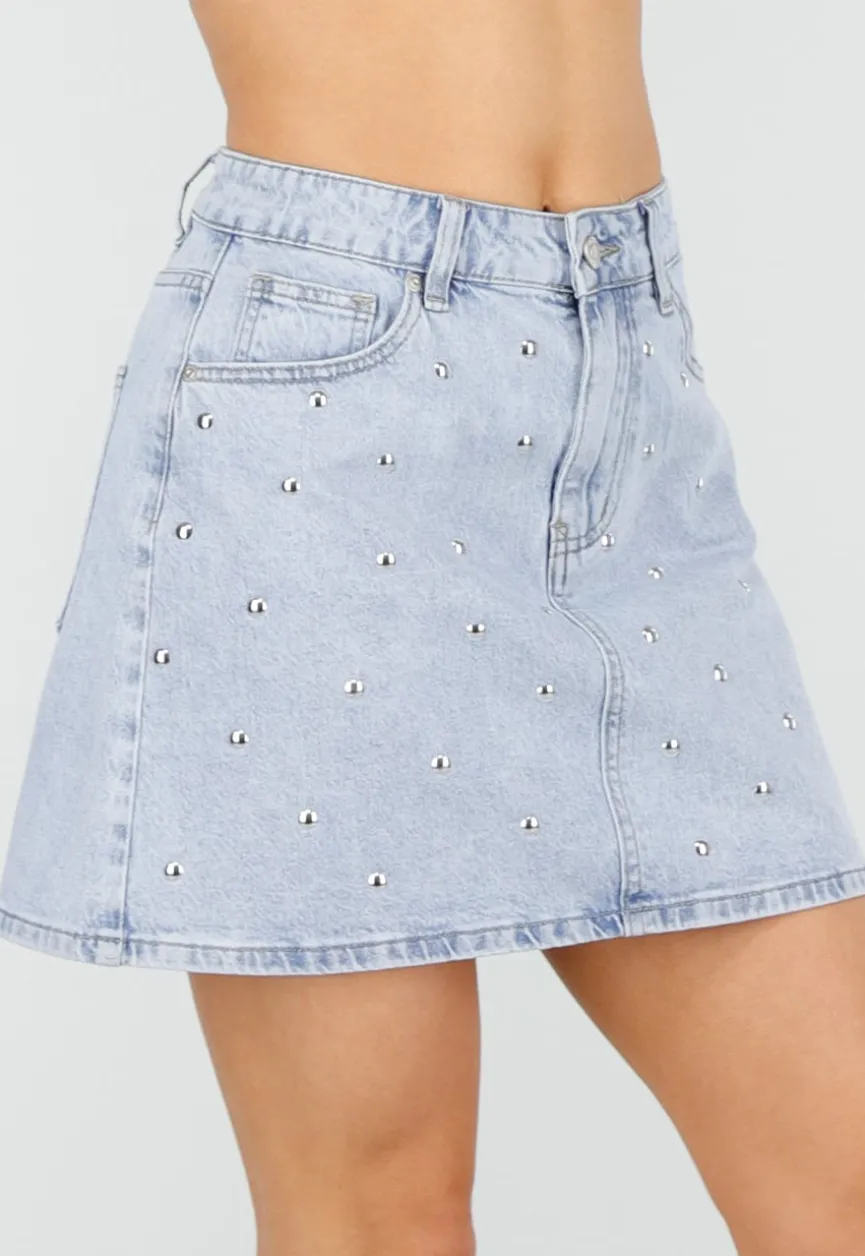 Lichtblauwe Denim Mini Rok met Studs en High Waist
