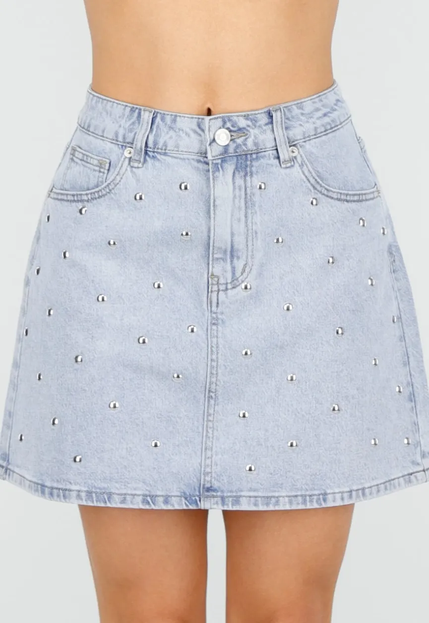 Lichtblauwe Denim Mini Rok met Studs en High Waist
