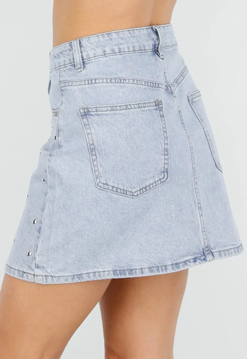 Lichtblauwe Denim Mini Rok met Studs en High Waist