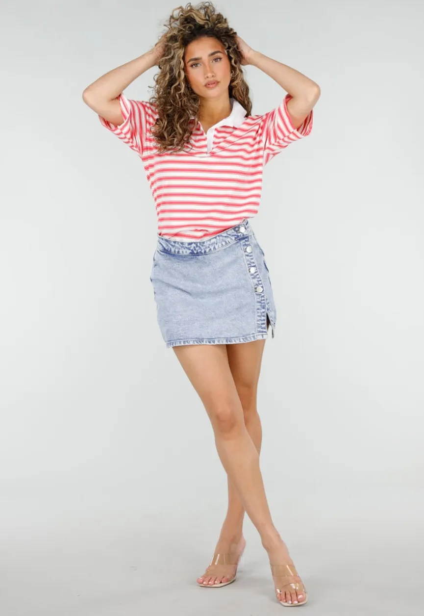 Lichtblauwe Denim Mini Skort met Overslag en Rij Knopen