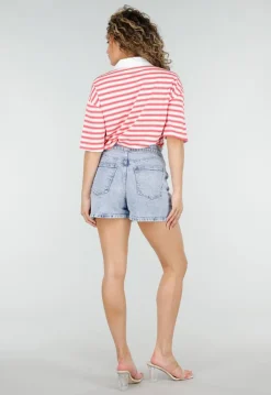 Lichtblauwe Denim Mini Skort met Overslag en Rij Knopen