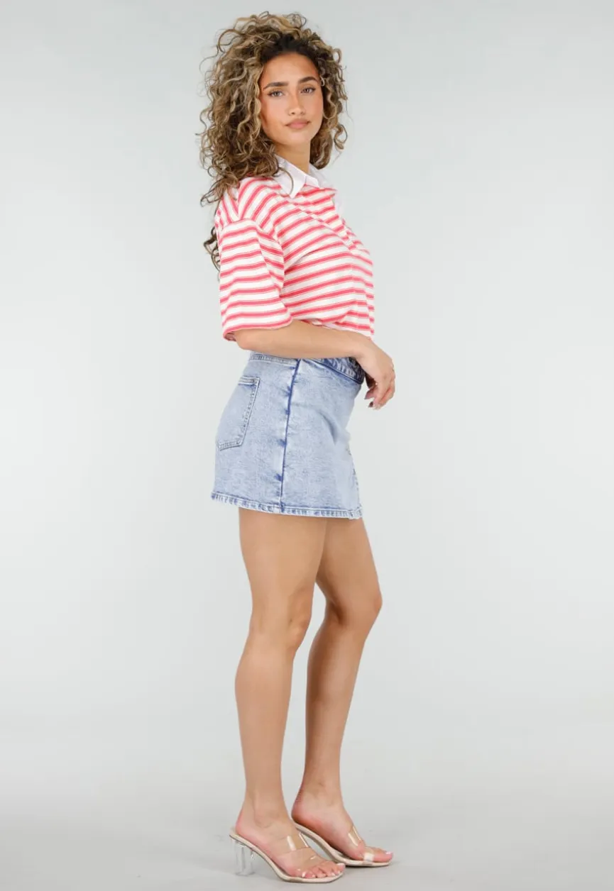 Lichtblauwe Denim Mini Skort met Overslag en Rij Knopen