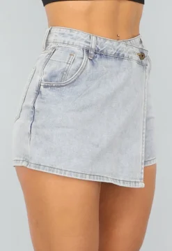 Lichtblauwe Denim Overslag Skort met Schuine Sluiting