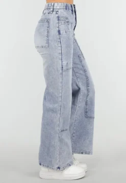 Lichtblauwe Denim Petite Wide Leg Jeans met Hoge Taille en Patch Details