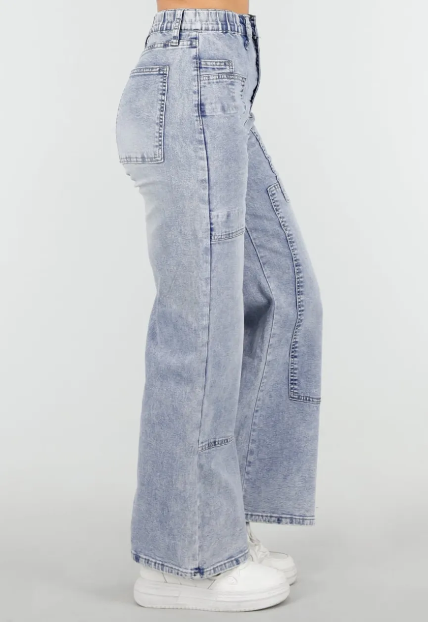 Lichtblauwe Denim Petite Wide Leg Jeans met Hoge Taille en Patch Details