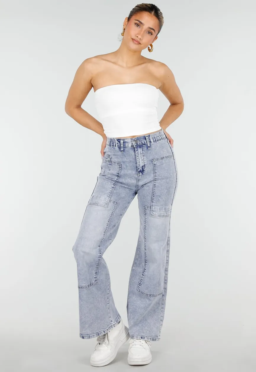 Lichtblauwe Denim Petite Wide Leg Jeans met Hoge Taille en Patch Details