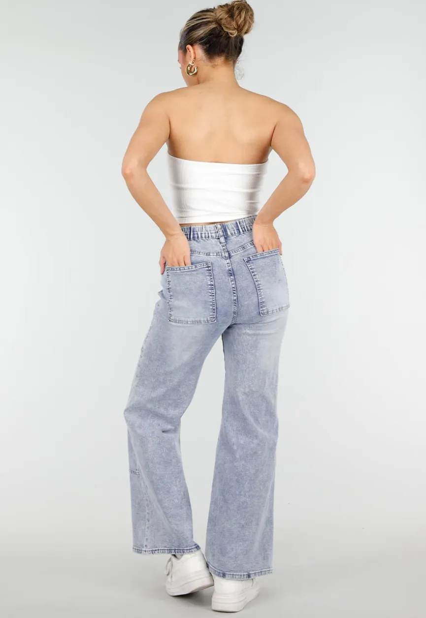 Lichtblauwe Denim Petite Wide Leg Jeans met Hoge Taille en Patch Details