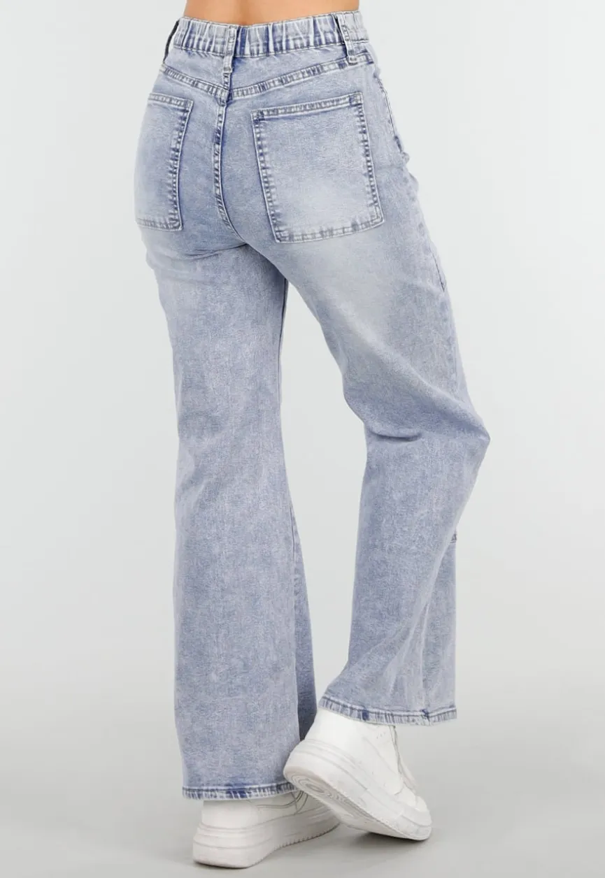 Lichtblauwe Denim Petite Wide Leg Jeans met Hoge Taille en Patch Details