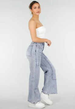 Lichtblauwe Denim Petite Wide Leg Jeans met Hoge Taille en Patch Details