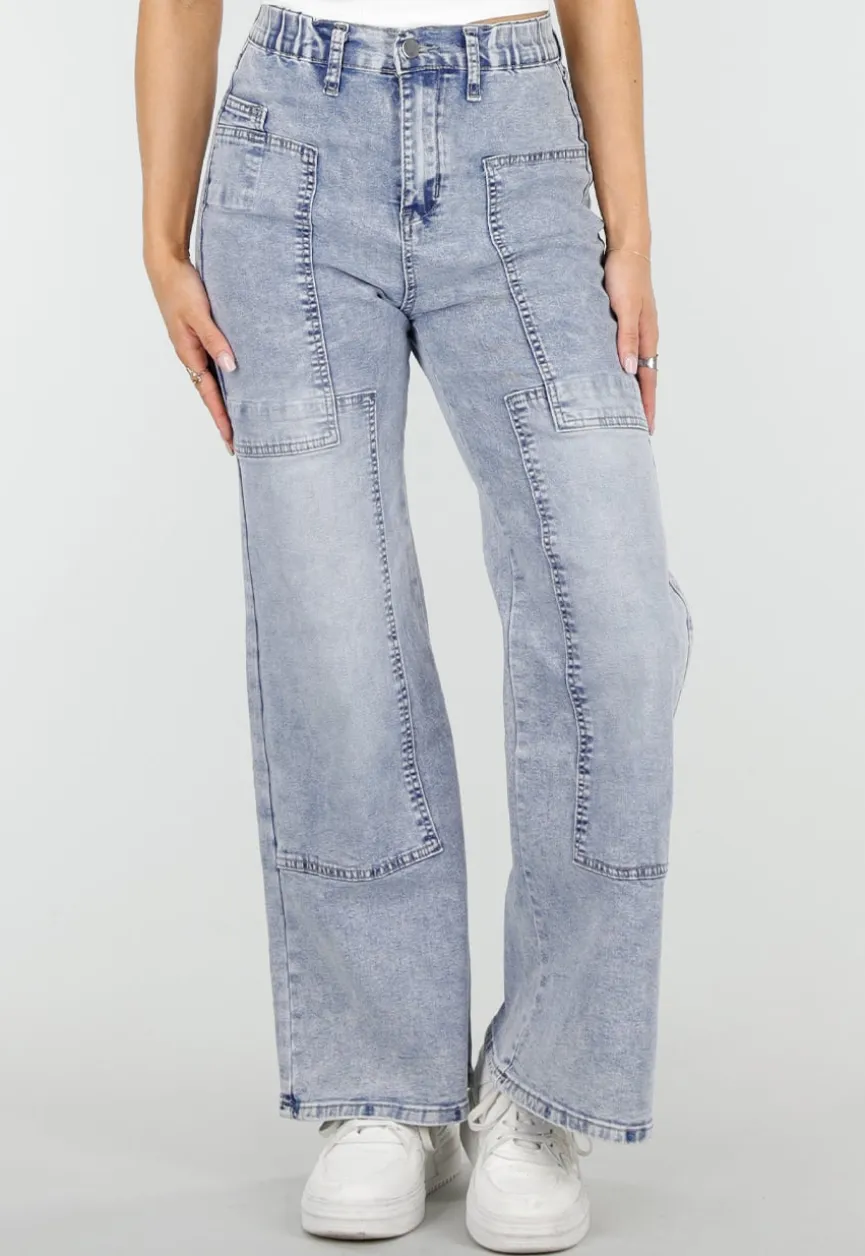 Lichtblauwe Denim Petite Wide Leg Jeans met Hoge Taille en Patch Details