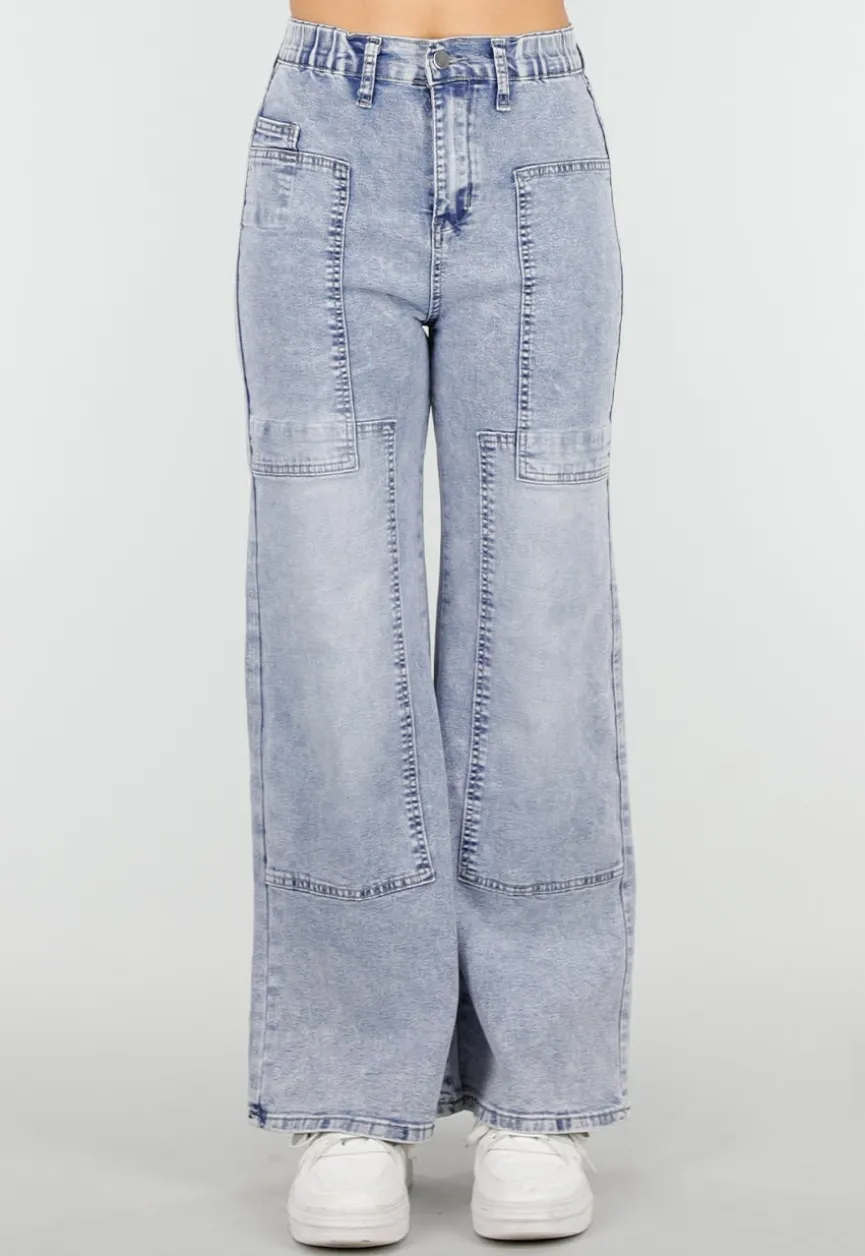 Lichtblauwe Denim Petite Wide Leg Jeans met Hoge Taille en Patch Details