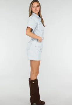 Lichtblauwe Denim Playsuit met Korte Mouwen
