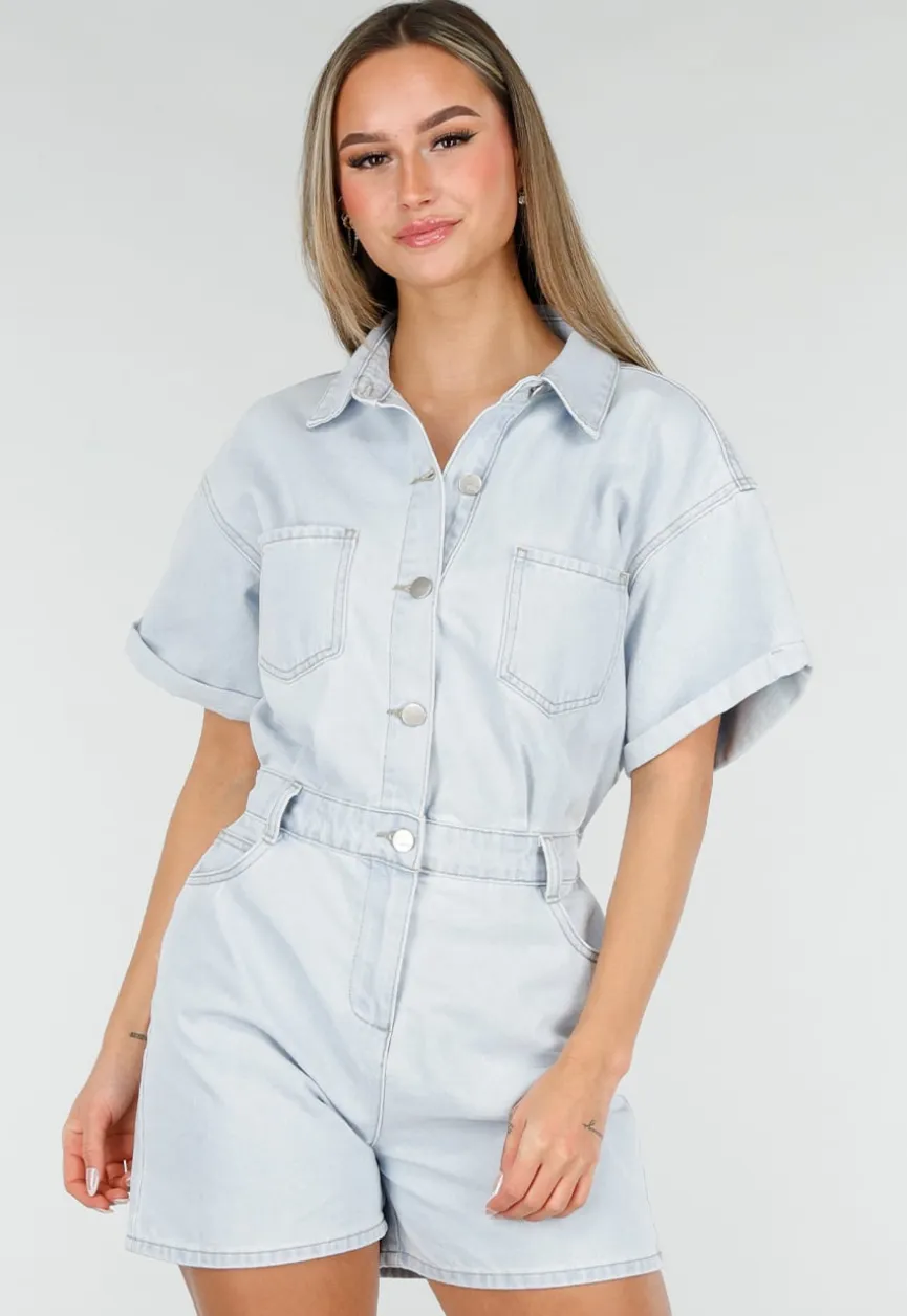 Lichtblauwe Denim Playsuit met Korte Mouwen