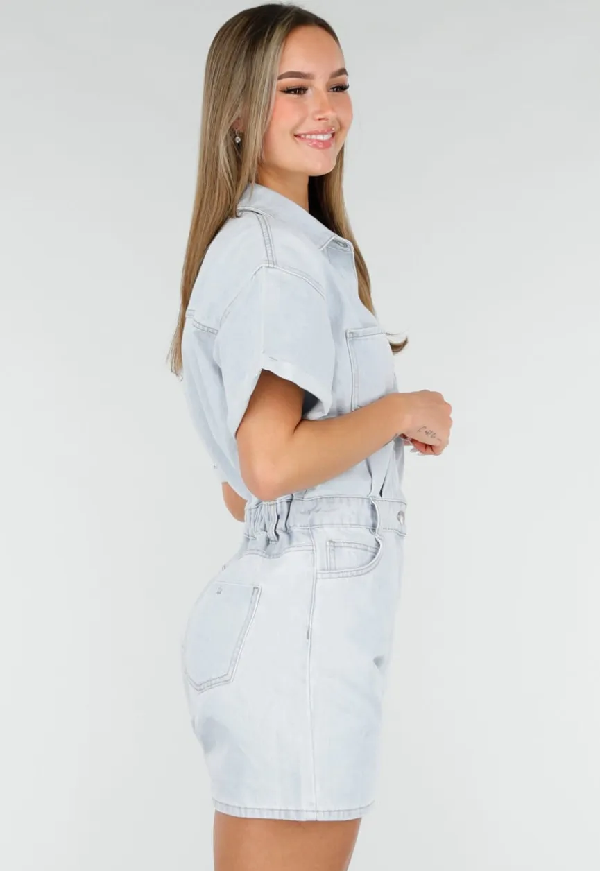 Lichtblauwe Denim Playsuit met Korte Mouwen