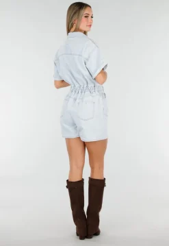 Lichtblauwe Denim Playsuit met Korte Mouwen
