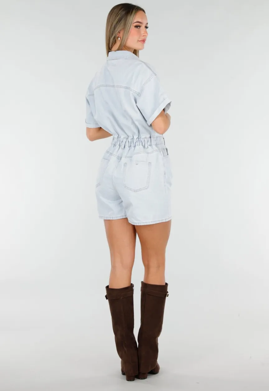 Lichtblauwe Denim Playsuit met Korte Mouwen