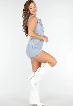Lichtblauwe Denim Playsuit met Knopen en Korte broek
