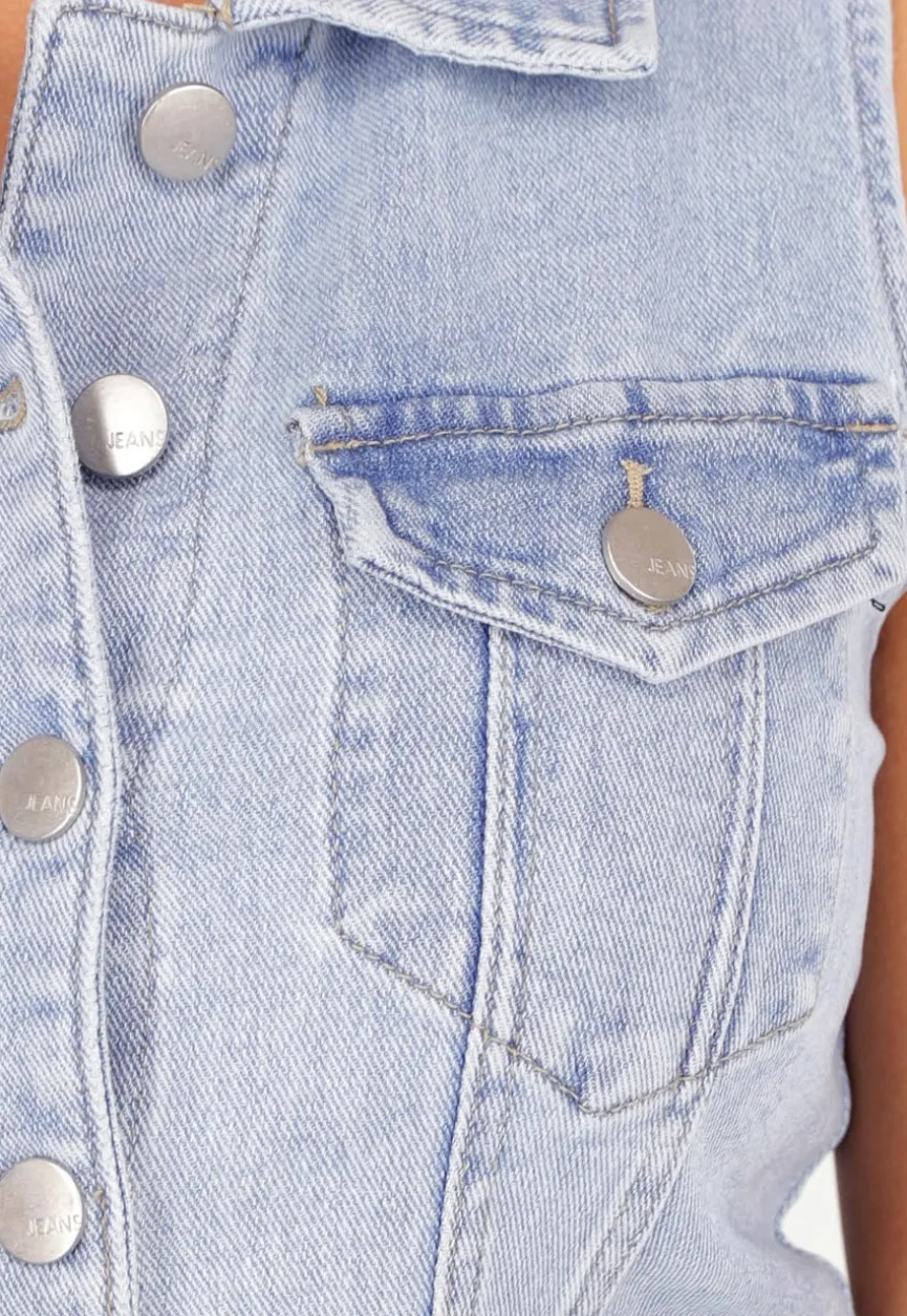 Lichtblauwe Denim Playsuit met Knopen en Korte broek