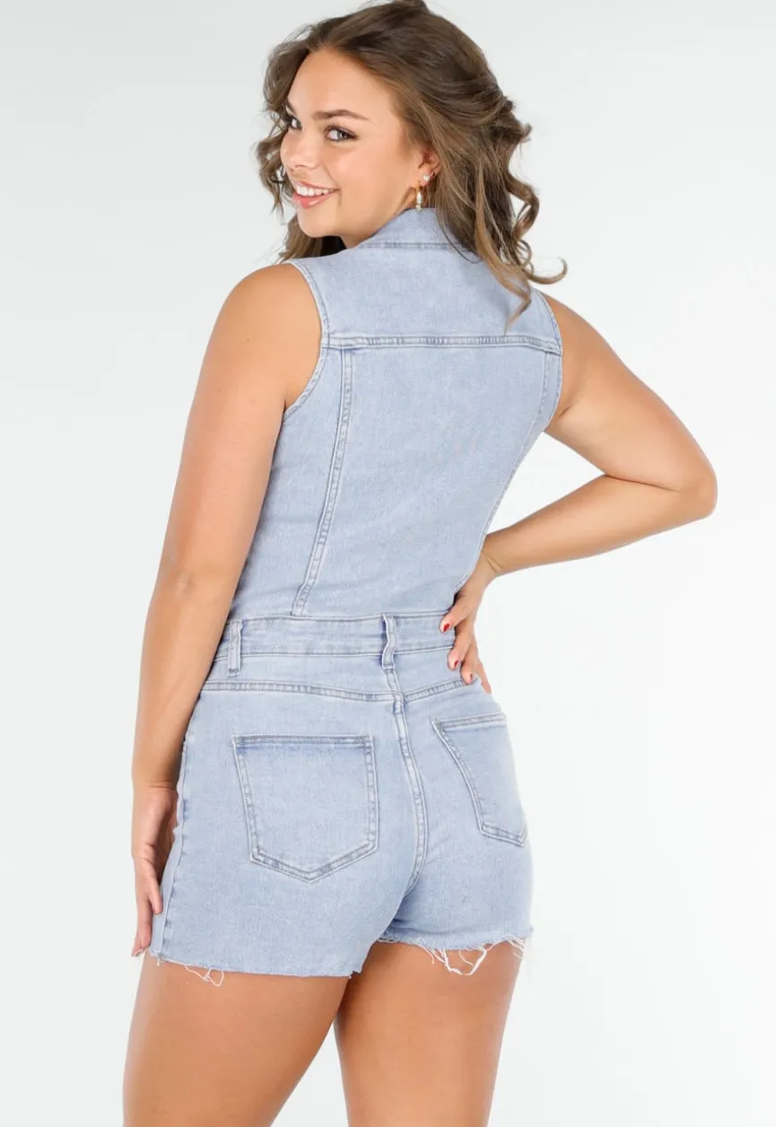 Lichtblauwe Denim Playsuit met Knopen en Korte broek
