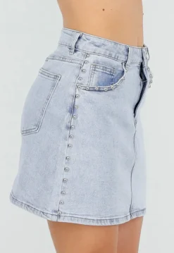Lichtblauwe Denim Rok met Studs en Rechte Pasvorm en Steekzakken