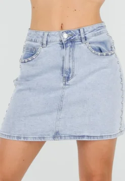 Lichtblauwe Denim Rok met Studs en Rechte Pasvorm en Steekzakken