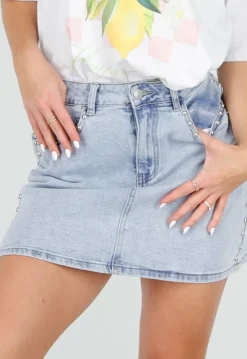 Lichtblauwe Denim Rok met Studs en Rechte Pasvorm en Steekzakken