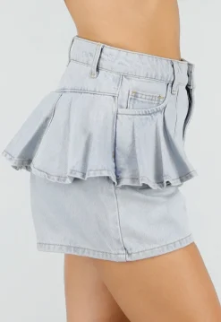 Lichtblauwe Denim Ruffle Shorts met Hoge Taille