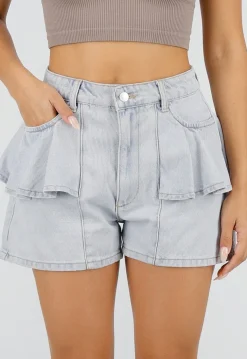 Lichtblauwe Denim Ruffle Shorts met Hoge Taille