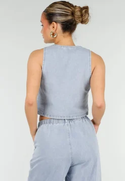 Lichtblauwe Denim Set met Gilet Top en Wijde Broek