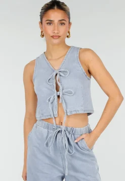 Lichtblauwe Denim Set met Gilet Top en Wijde Broek