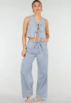Lichtblauwe Denim Set met Gilet Top en Wijde Broek