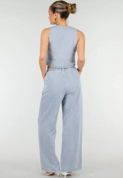 Lichtblauwe Denim Set met Gilet Top en Wijde Broek