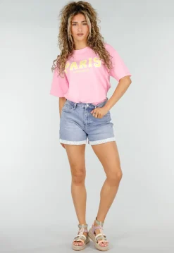 Lichtblauwe Denim Short met Gehaakte Omslag en Stretch