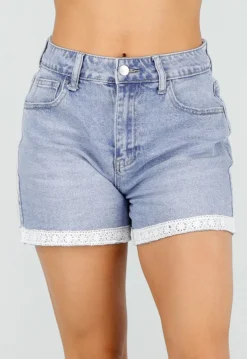 Lichtblauwe Denim Short met Gehaakte Omslag en Stretch